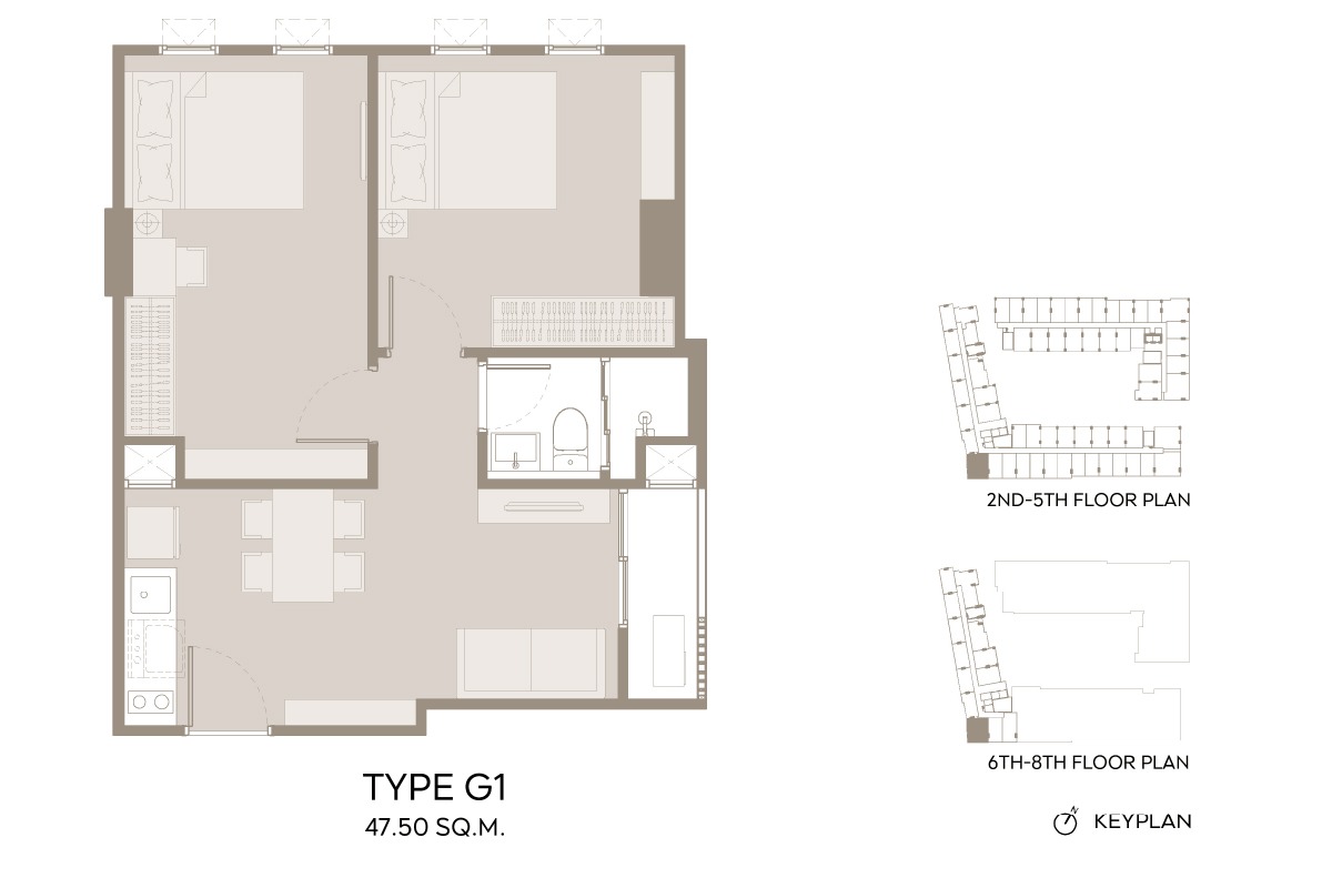 แปลนห้องคอนโด 2 ห้องนอน ASPIRE อิสรภาพ สเตชั่น